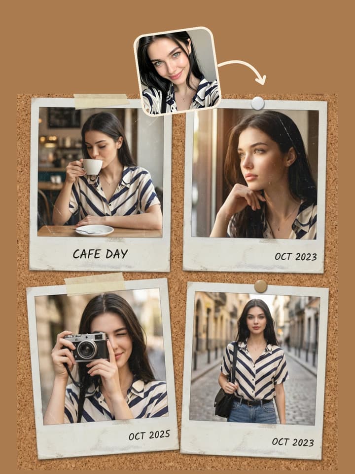 AI-generated polaroid art collage combining lifestyle and product visuals in an aesthetic layout