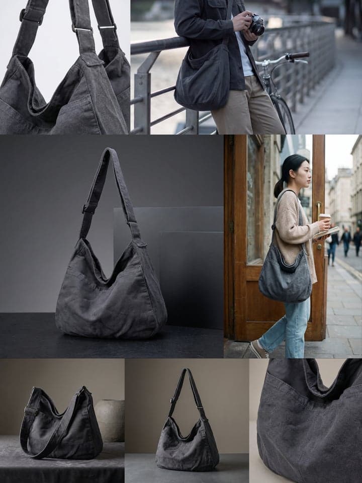 AI-generated multi-purpose product images including detail shots, model scenes, and still life photography