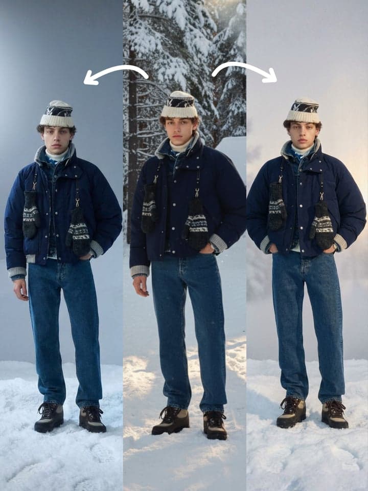 AI-powered fashion model staging with professional studio lighting and editorial composition